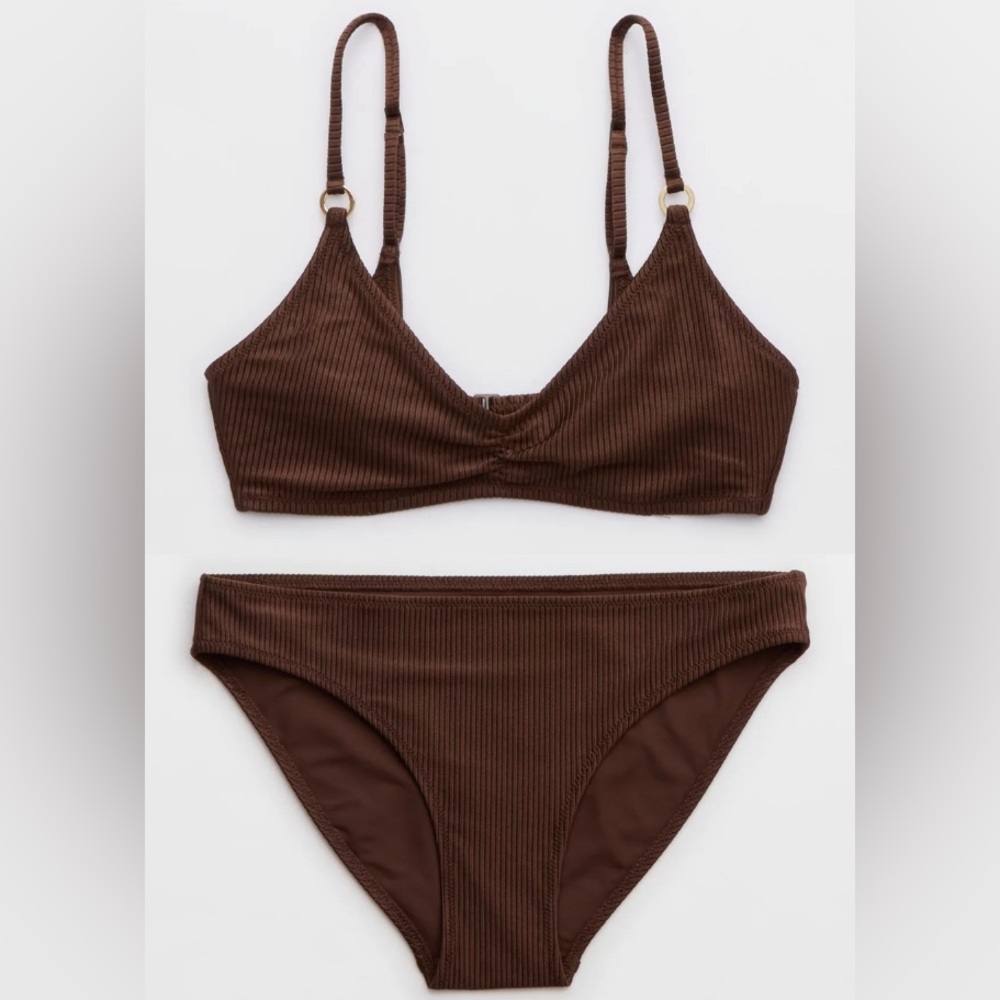 NWT Aerie FULL SET Beach Babe Shine Rib Voop + Full Coverage Bottom Brown - XS